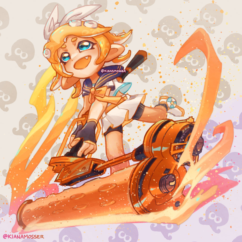 inkling 1girl tentacle hair blue eyes orange hair bike shorts open mouth gloves  illustration images