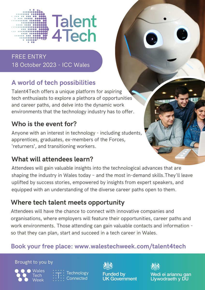 It's not too late to join #Talent4Tech taking place NEXT WEDNESDAY! 💡 Explore a career in tech 🎤 Hear insights 🤝 Connect with employers, industry leaders and more! 💼 Discover tech careers that await you. 🎟️ Get tickets here: walestechweek.com/talent4tech