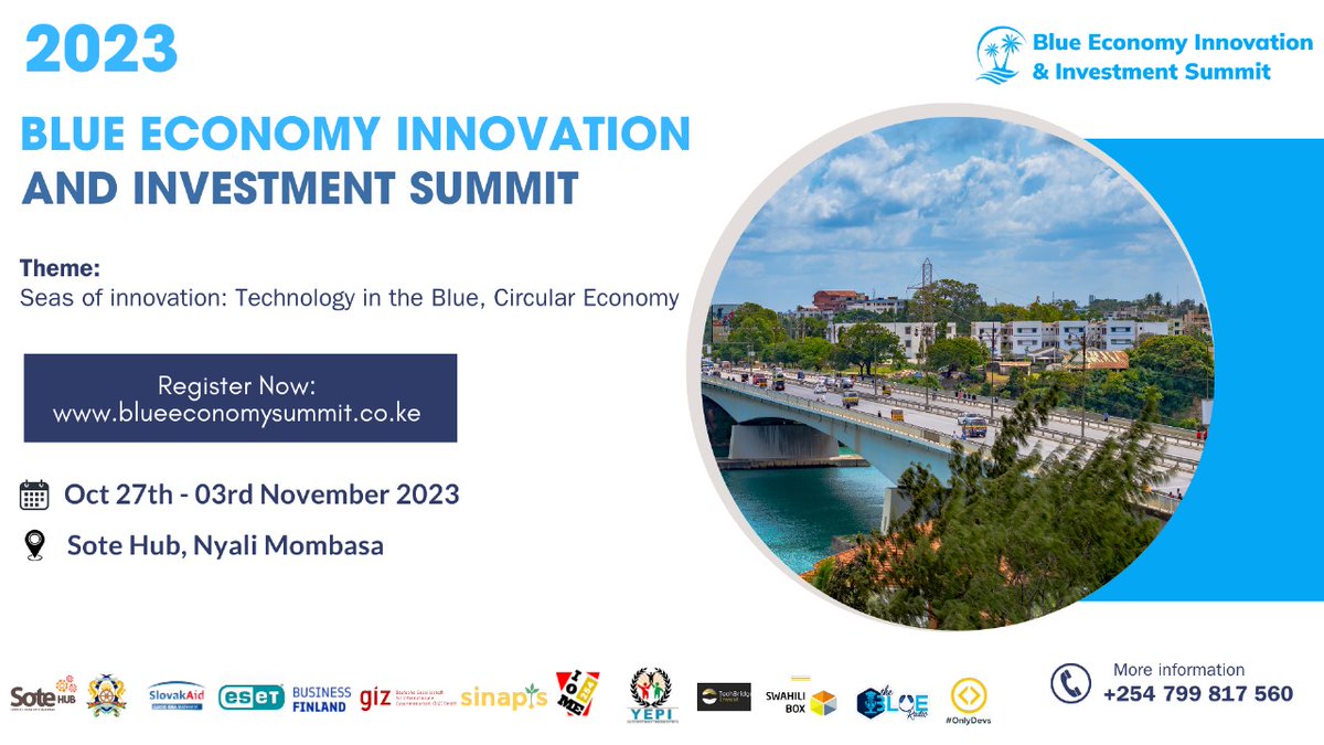 Let's turn the tide for a more sustainable future! Join the Blue Economy Innovation and Investment Summit at <a href="/Sote_Hub/">Sote Hub</a> , Mombasa, on Nov 3rd. Discover opportunities, spark collaborations, and register here: blueeconomysummit.co.ke  #TheBlueSummit <a href="/amani_katana/">Amani Katana</a>  <a href="/BlueSummit_Ke/">Blue Economy</a>