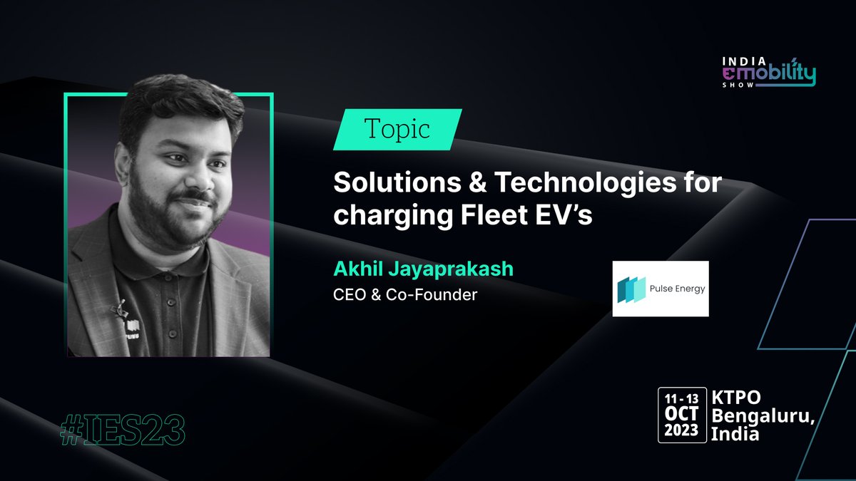 Listen to Akhil Jayaprakash, CEO &amp; Co-Founder, Pulse Energy at the India eMobility Show. He will be speaking on the topic “𝗦𝗼𝗹𝘂𝘁𝗶𝗼𝗻𝘀 &amp; 𝗧𝗲𝗰𝗵𝗻𝗼𝗹𝗼𝗴𝗶𝗲𝘀 𝗳𝗼𝗿 𝗰𝗵𝗮𝗿𝗴𝗶𝗻𝗴 𝗙𝗹𝗲𝗲𝘁 𝗘𝗩’𝘀”.  

Book your free pass at bit.ly/3QE6mpX   

#IES23