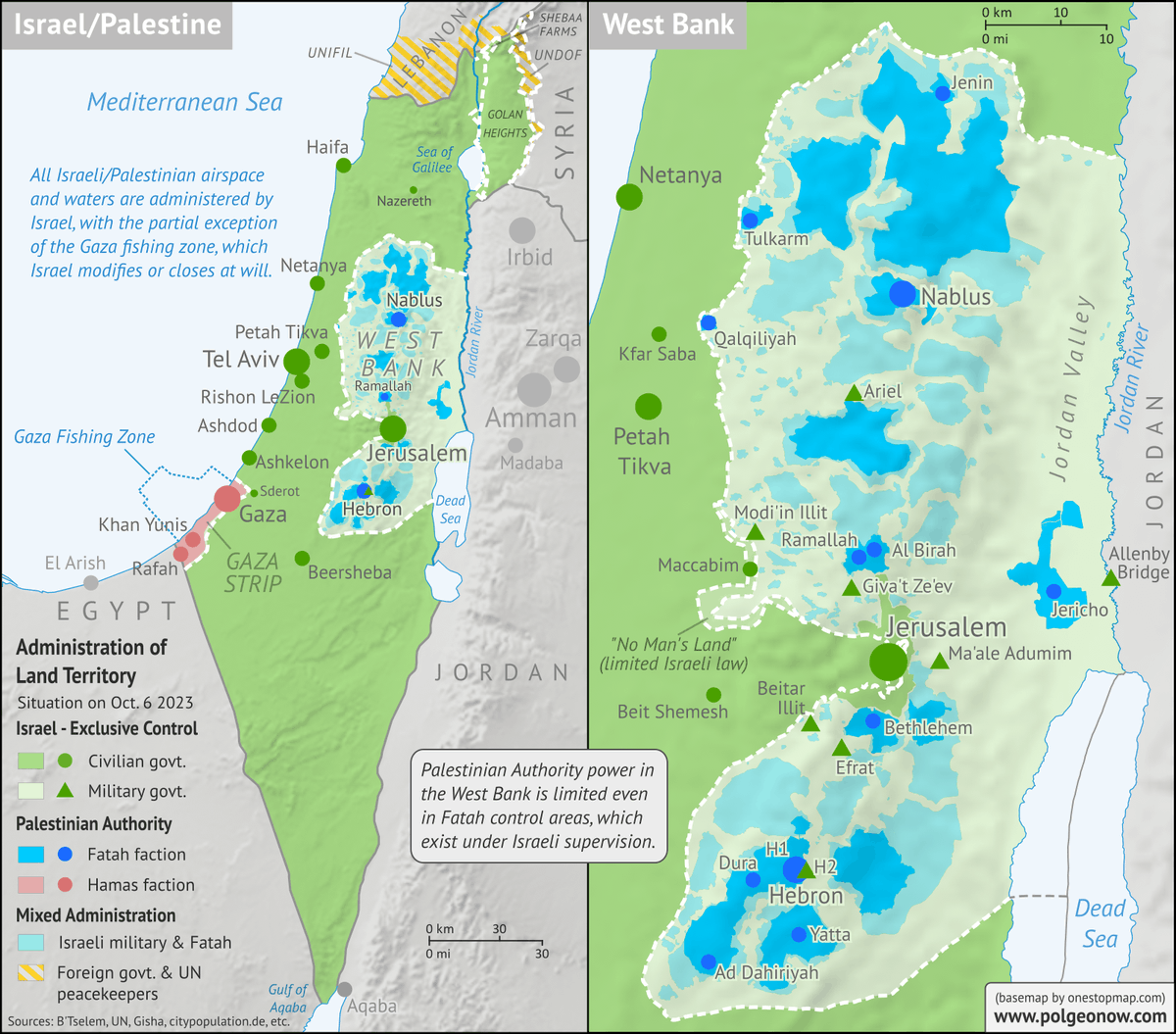 PolGeoNow's tweet photo. We've revised and updated our #Israel/#Palestine map, and our beginner's guide to the conflict actors and control zones, to reflect the situation just prior to the outbreak of the current war: https://t.co/gv4GrOlPq9
#conflictmapping #conflicttracking #WestBank #Gaza https://t.co/H8vqzY10wb