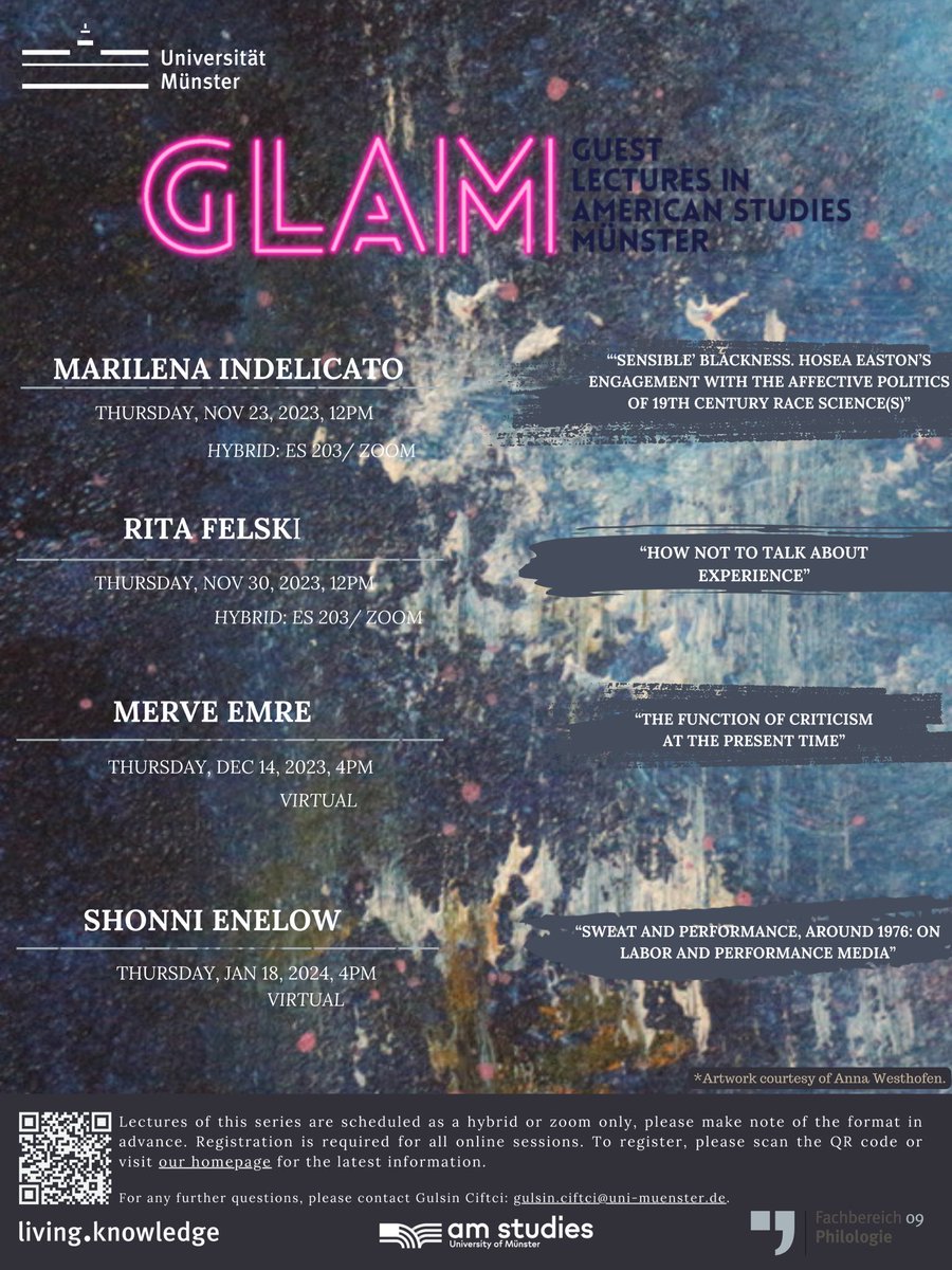 New semester, more GLAM!✨ Join us for this semester’s GLAM lectures by Marilena Indelicato, Rita Felski, Merve Emre, and Shonni Enelow! Any questions? Contact @GulsinCiftci for further info. Visit our homepage for registration: uni-muenster.de/Anglistik/Rese…