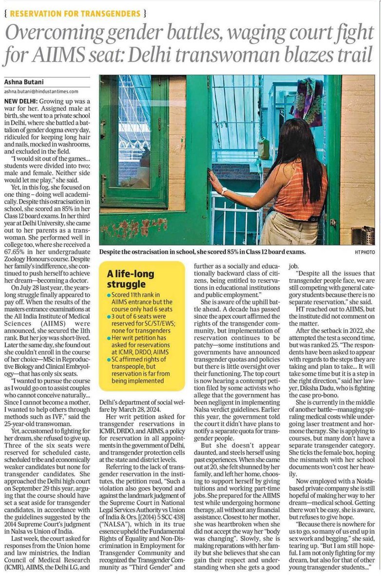 “Since I cannot become a mother, I wanted to help others through methods such as IVF,” said the 25-year-old transwoman who could not pursue an MSc in Reproductive Biology despite ranking 11th on the test. She's now fighting for reservation in the High Court. This is her story.