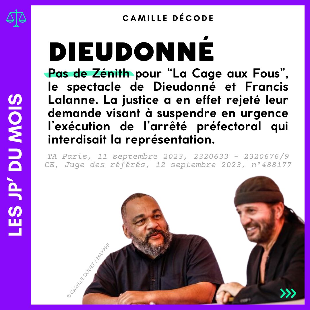 camilledecode's tweet photo. ⏰ ELLES SONT (enfin) LÀ : LES JP DE SEPTEMBRE !

* 5/09 - La Cour de cassation annule la relaxe d’Eric Zemmour.

* 7/09 - La circulaire qui interdit aux élèves de porter une abaya n’est pas suspendue.

* 11/09 - Pas de Zénith pour Dieudonné et Francis Lalanne. https://t.co/n5aLcsHJi7