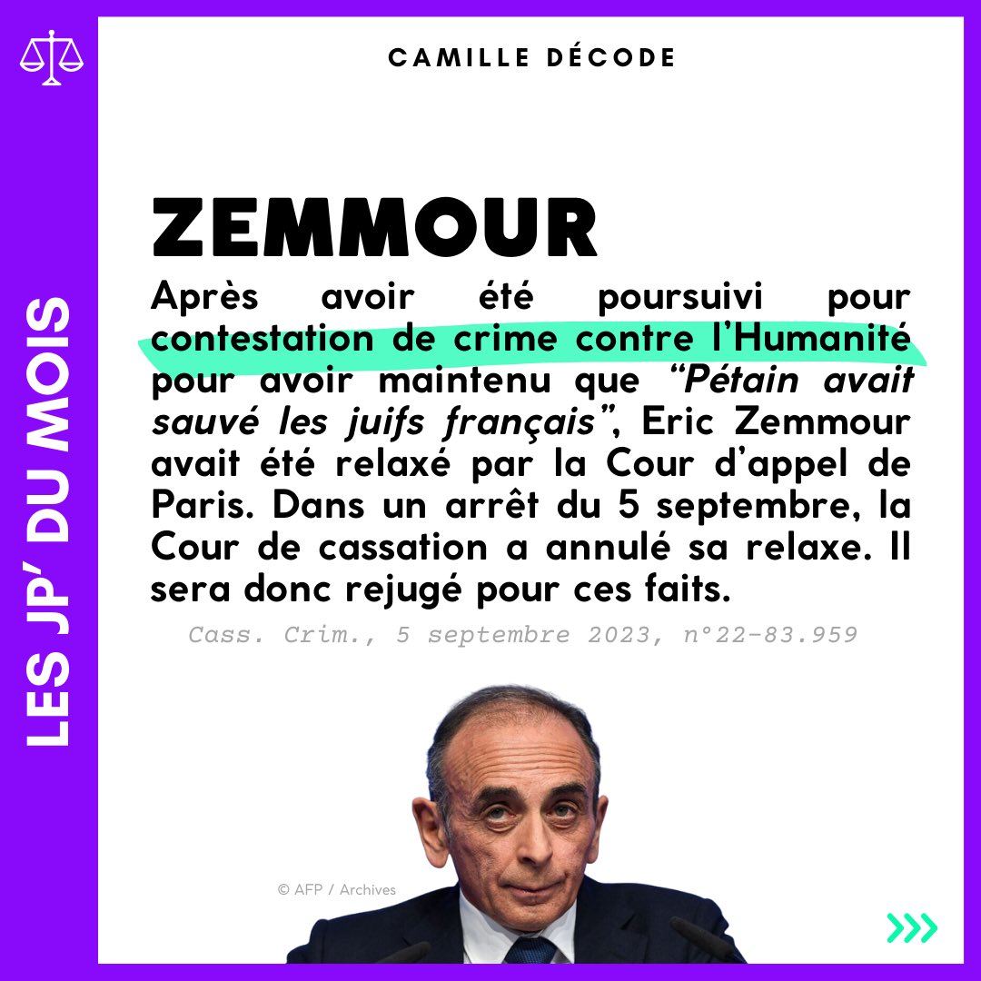 camilledecode's tweet photo. ⏰ ELLES SONT (enfin) LÀ : LES JP DE SEPTEMBRE !

* 5/09 - La Cour de cassation annule la relaxe d’Eric Zemmour.

* 7/09 - La circulaire qui interdit aux élèves de porter une abaya n’est pas suspendue.

* 11/09 - Pas de Zénith pour Dieudonné et Francis Lalanne. https://t.co/n5aLcsHJi7
