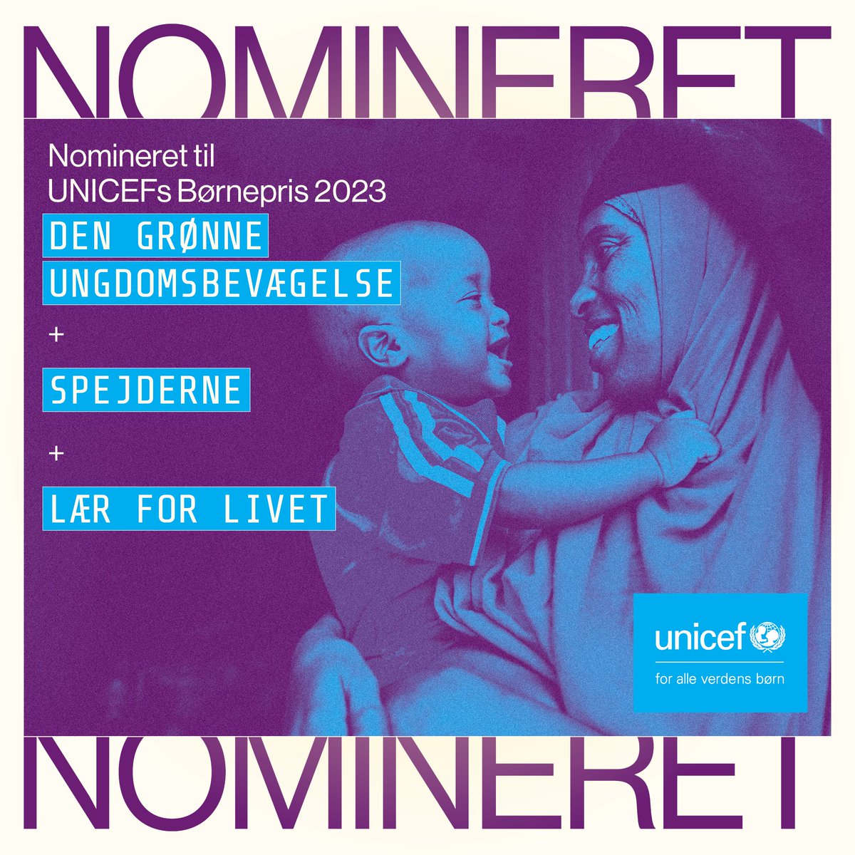 UNICEFDK's tweet photo. For børns fremtid: Stem på din favorit til UNICEFs Børnepris 2023! De nominerede er @DenGroenneUng, @Laerforlivet og @Spejderne_dk. Læs mere og stem her: https://t.co/MMBw8NtJp2 

#UNICEFsBørnepris https://t.co/weOukr6shg