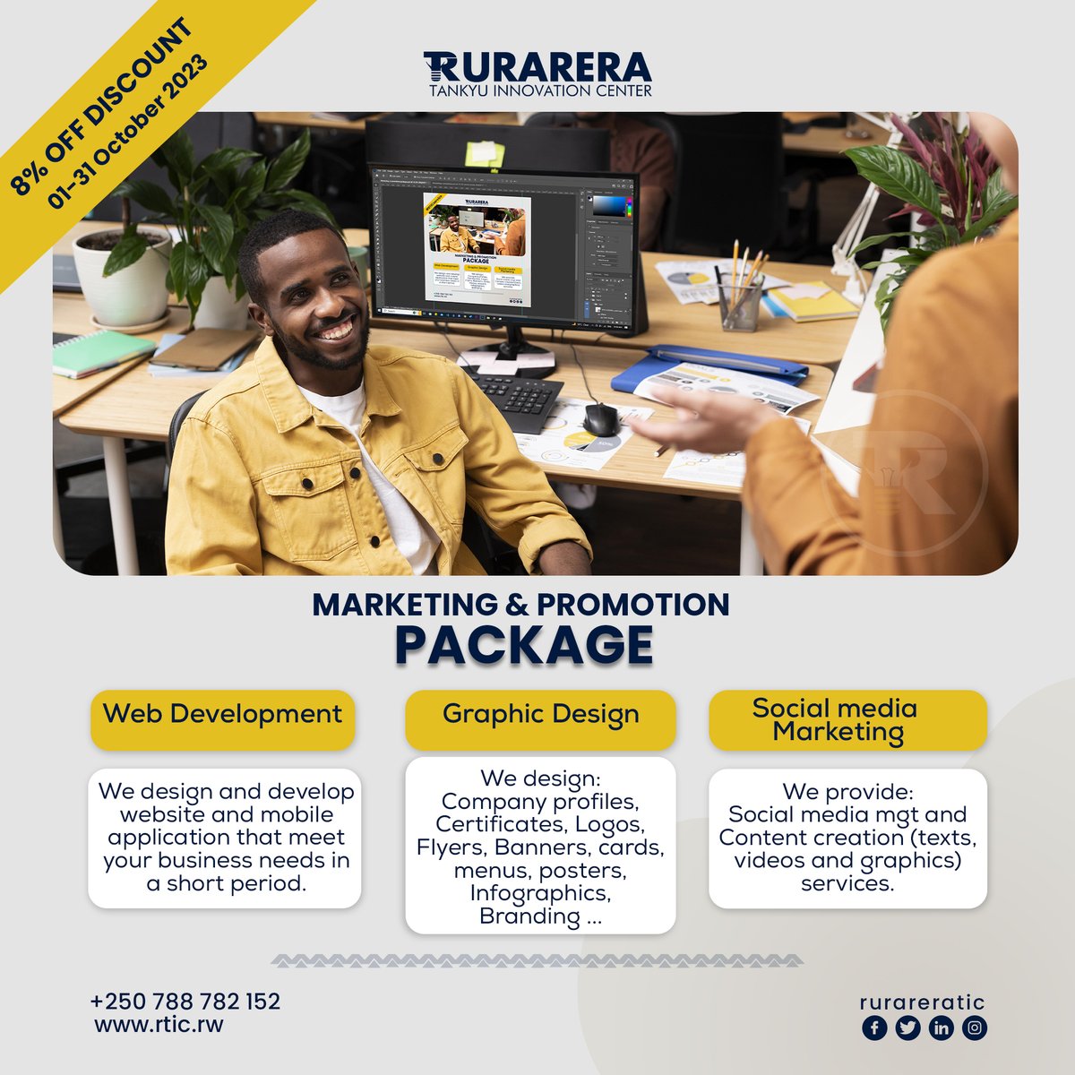 RurareraTIC's tweet photo. Do you remember we have an #offer for you to #brand your organization this month of #October 2023? Get any of our #marketing services with 8% #discount. Contact Us!
#RurareraTIC #Tankyu #ICTHRD https://t.co/3YrvApsXpG