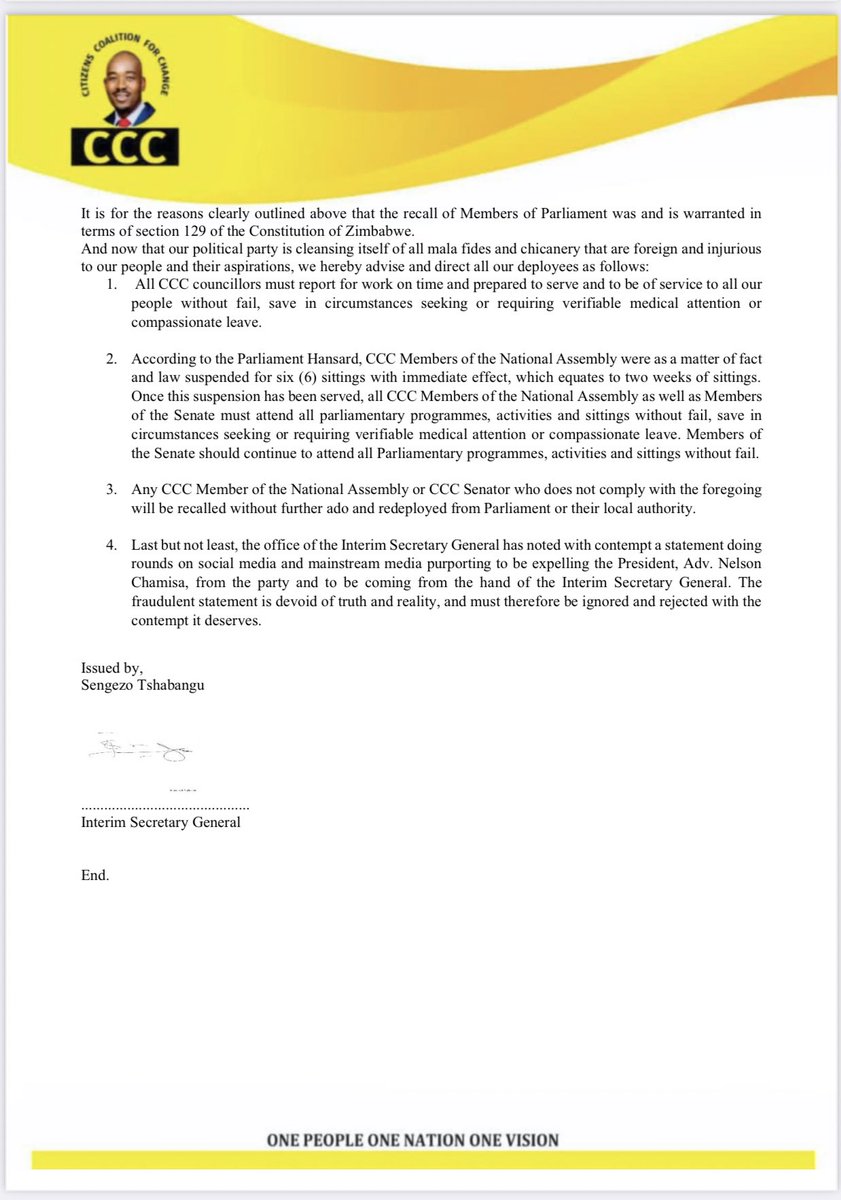 HStvNews's tweet photo. The alleged @CCCZimbabwe interim SG Tshabangu threatens to recall all senators if they hide @nelsonchamisa’s call to disengage. He writes the threat using Chamisa’s face https://t.co/RvcWzaQca9