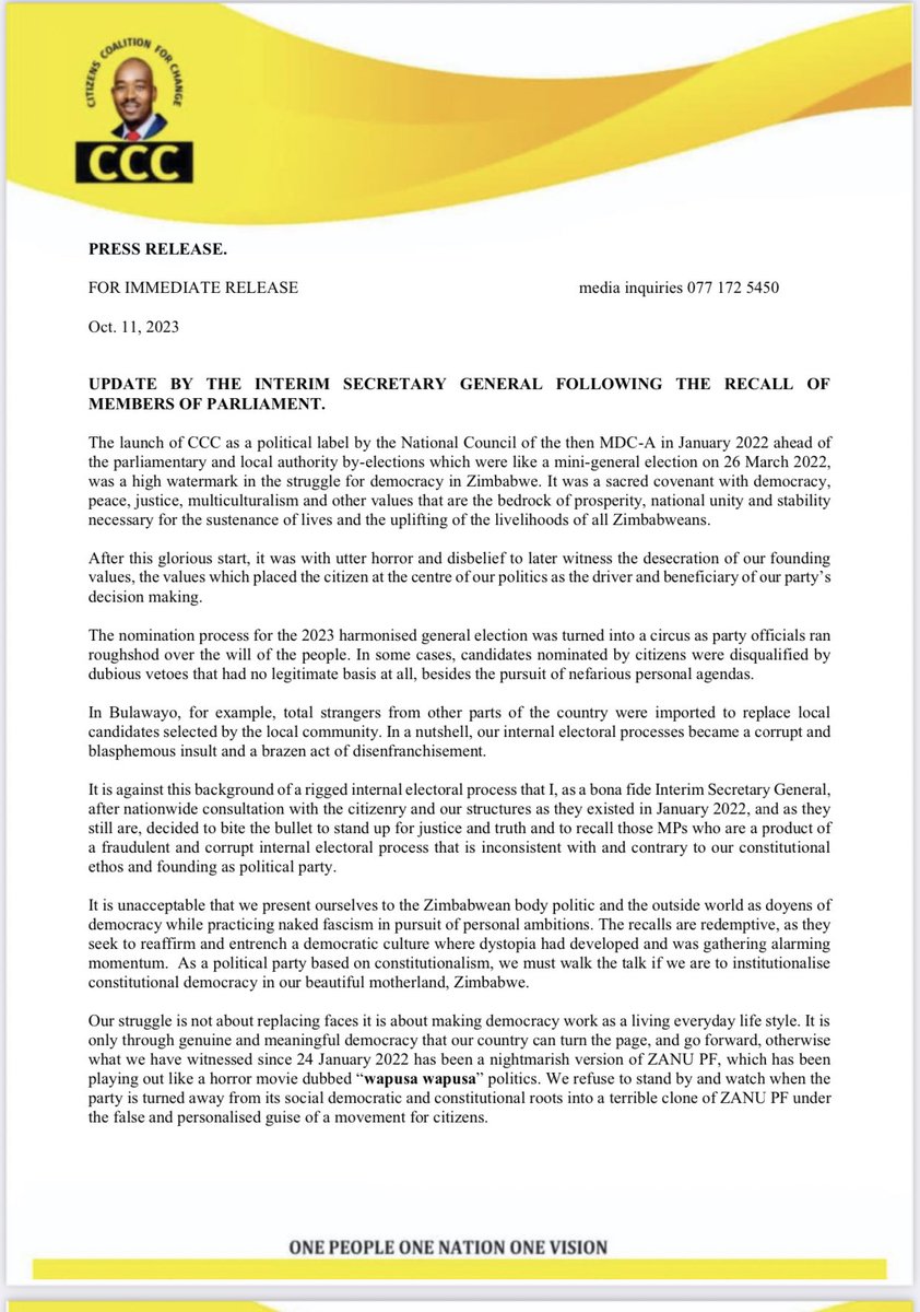 HStvNews's tweet photo. The alleged @CCCZimbabwe interim SG Tshabangu threatens to recall all senators if they hide @nelsonchamisa’s call to disengage. He writes the threat using Chamisa’s face https://t.co/RvcWzaQca9