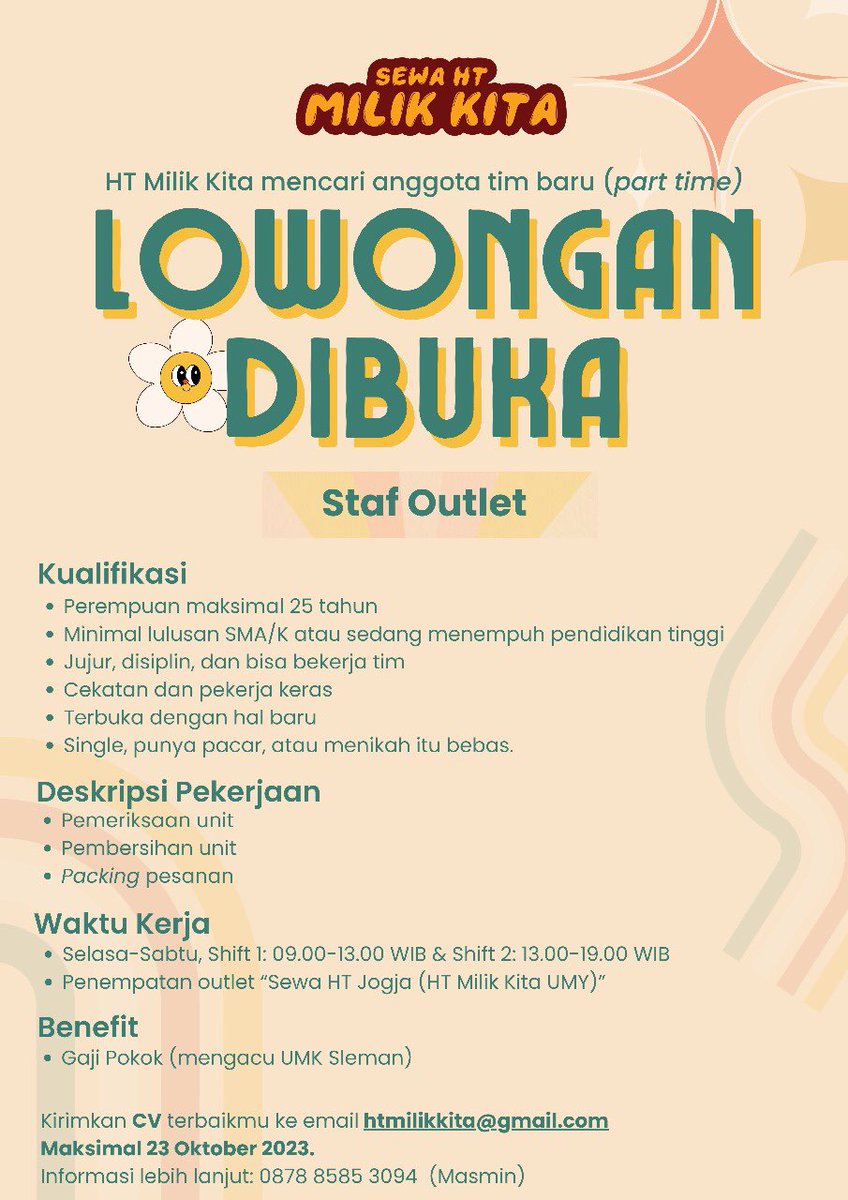 htmilikkita's tweet photo. @heyitsmere_ Buat yang daerah UMY dan sekitarnya, ini ada info part timer jugaa yaa kak🫶🏻 https://t.co/RnXKzdAWQh