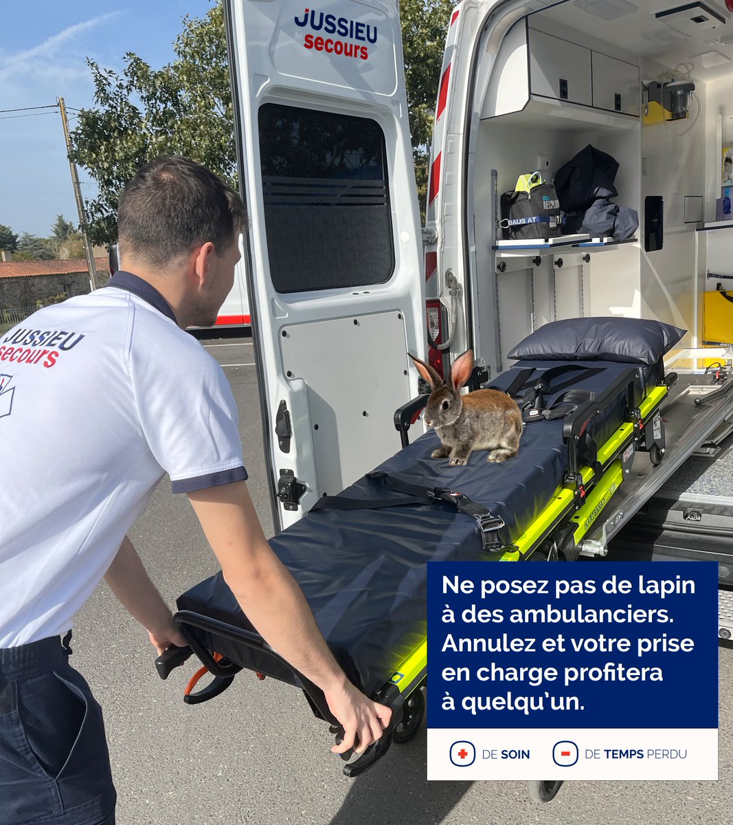 JUSSIEU_secours's tweet photo. Tout comme vos rendez-vous chez le médecin, ne posez pas de lapin aux #ambulanciers 🐇  

À l’heure où l’#AccèsAuxSoins est un des enjeux majeurs de #SantéPublique, il est important de rappeler que le bon fonctionnement du système de santé est l’affaire de tous.  @Assur_Maladie https://t.co/k9OrZOpGXc