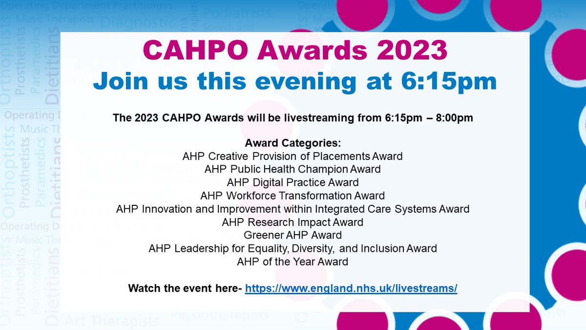 🚨 Tonight! 12 October 2023 ⭐️#CAHPOAwards for England 2023 ⭐   Watch the livestream this evening starting at 6:15pm via 👉 england.nhs.uk/livestreams/   #CAHPOAwards2023 #AHPsDeliver #AHPsDay @WeAHPs