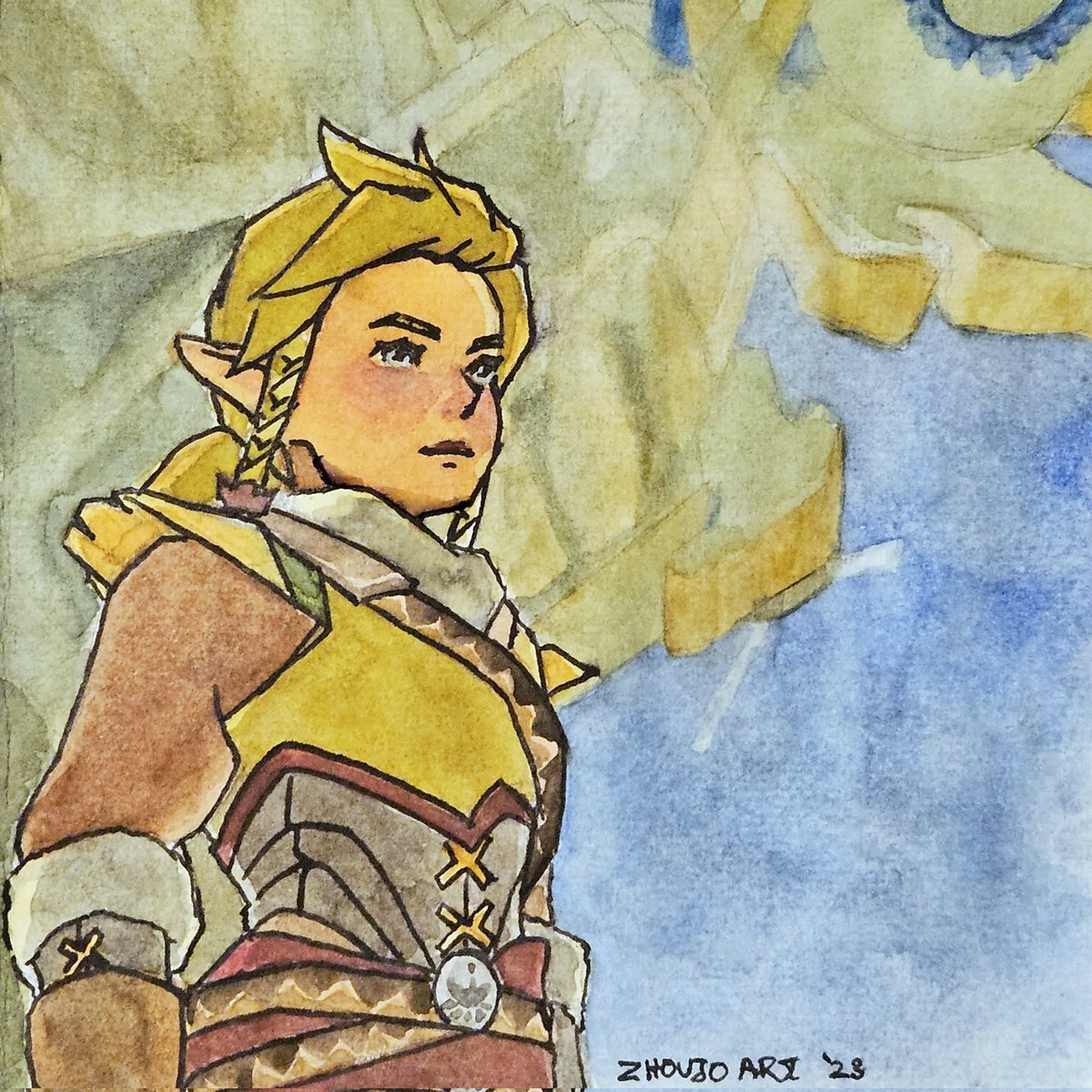 Zhoujo_art's tweet photo. Prompt: Wander

I've been doing a lot of wandering in Legend of Zelda: Breath of the Wild.

#inktober #inktober2023 #legendofzelda #breathofthewild #botw #link #divinebeast #medoh #revali #watercolor #experimenting https://t.co/zDLTMQlmcO