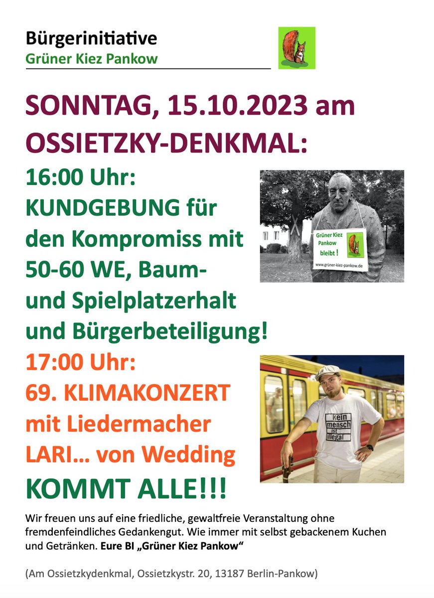 Kommt alle zur Kundgebung - für den B-Plan-Kompromiss, für eine lebenswerte Stadt und gegen das Ausspielen der Menschen! #Demokratie #Stadtnatur #Klima <a href="/CanselK/">Cansel Kiziltepe</a> @cjgaebler <a href="/kaiwegner/">Kai Wegner</a> <a href="/p_kahlfeldt/">Petra Kahlfeldt</a>