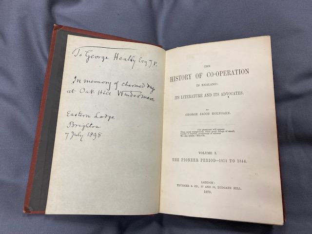 CoopHeritage's tweet photo. An inscription from George Jacob Holyoake to his friend George Healey in his book on the History of Co-operation.  

Healey was an alderman in Rochdale and retired to Windermere, where Holyaoke would visit from time to time. #CoopArchive #WhatWeSawToday https://t.co/SDpe6ZAMLR