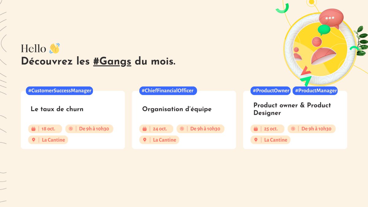 Les Gangs d'octobre ! 👀

🔒 Les Gangs Métiers sont réservés aux adhérents·es de La Cantine.
Pour avoir adhérer ça se passe par là : bit.ly/3DBf0h8

Bonne rentrée à tous et à toutes ! 👋