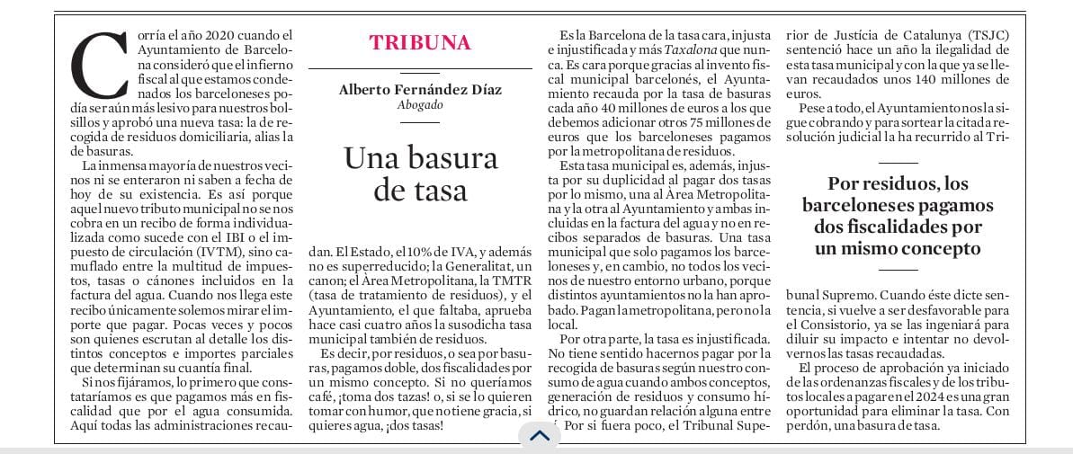 Sr Fdz Díaz
Las 2 tasas de residuos del recibo del agua responden a 2 conceptos diferentes: 1 es tasa de RECOGIDA (camiones/ contenedores) y la otra al TRATAMIENTO (plantas/ ecoparques). Ruego se informe mejor para no confundir a la ciudadanía. Gracias ♻️
<a href="/LaVanguardia/">La Vanguardia</a>