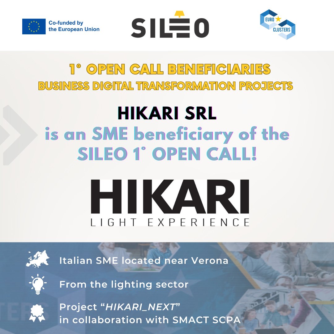 ElcaCluster's tweet photo. Congratulations to Hikari srl, an #Italian #lighting #SME that has been awarded under the #SILEO #Eurocluster #OpenCall for Business Digital Transformation Projects!

🤩 Find out more its #businessdigitaltransformation project here: https://t.co/uciyPtyymD https://t.co/BfSgG4tY7v