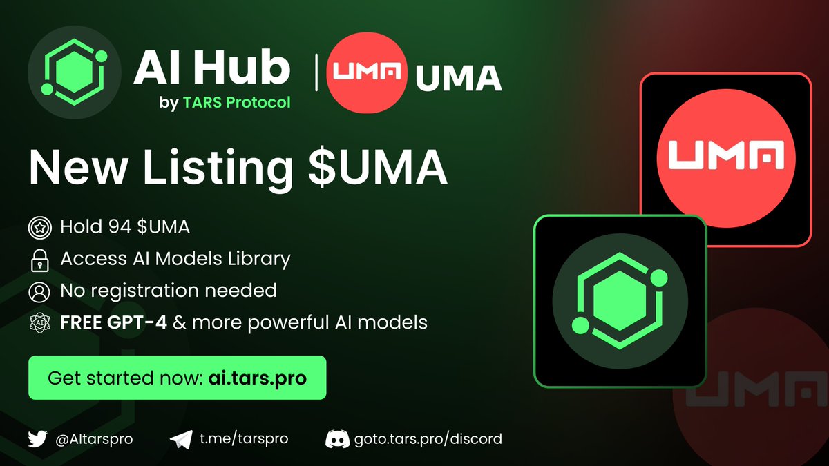 murphai_io's tweet photo. 🌟 Exciting News! 🎉

UMA ($UMA) is now proudly listed on TARS AI Hub! 

@UMAprotocol 

Hold just 94+ $UMA tokens to gain exclusive access to our extensive AI Models Library. Immerse yourself in cutting-edge technologies like GPT-4, AI Text-to-Speech, Image recognition, and more, all without any fees or registrations!

Begin your #AI journey today at 👉 https://t.co/sVu0YlehiW and dive into the world of #UMA! 🌌🚀🔓

#AIGC #TARS #WEB3