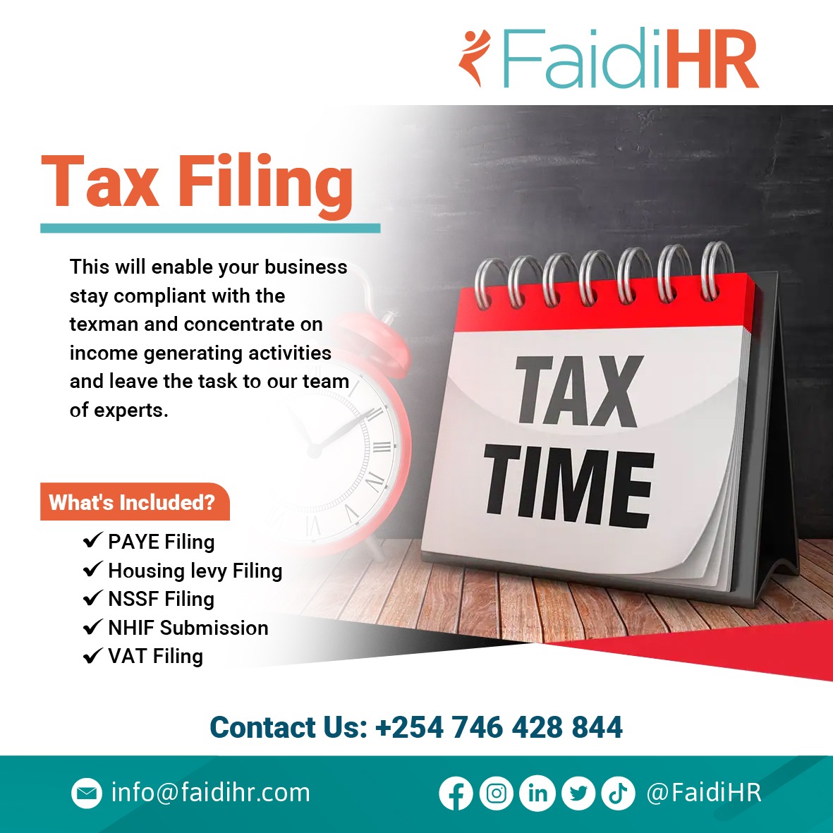 Let us handle the numbers, so you can focus on what matters most.

Contact us at 0746428844 or email info@faidihr.com for stress-free tax filing and expert financial support.

#Compliance #Taxconsultants #KRA #HouseLevy #PAYE #NSSF #NHIF #VAT #mpesa