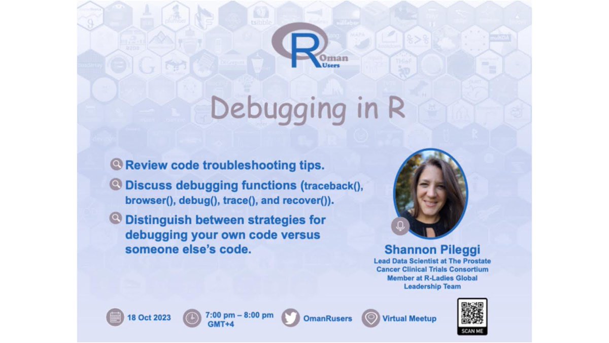 Oman R Users (@omanrusers) on Twitter photo Hey friends!
👩🏻💻🧑🏿💻👨🏻💻Join us to learn: Debugging in R
Presented by: Shannon Pileggi <a href="/PipingHotData/">Shannon Pileggi... @PipingHotData@fosstodon.org</a>
🗓 Wednesday 18/10 at 7.00pm (GST)
✔️RSVP on Meetup: meetu.ps/e/MyZfF/13hbdW…
Or ⌨️ fill out the form below to send you the event link: forms.gle/R1Kn3sksakgaej…
#r
#rstats Hey friends!
👩🏻💻🧑🏿💻👨🏻💻Join us to learn: Debugging in R
Presented by: Shannon Pileggi <a href="/PipingHotData/">Shannon Pileggi... @PipingHotData@fosstodon.org</a>
🗓 Wednesday 18/10 at 7.00pm (GST)
✔️RSVP on Meetup: meetu.ps/e/MyZfF/13hbdW…
Or ⌨️ fill out the form below to send you the event link: forms.gle/R1Kn3sksakgaej…
#r
#rstats
