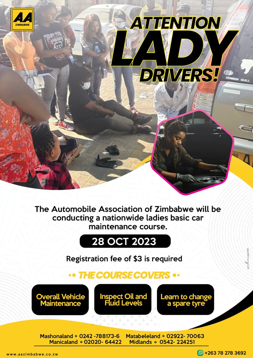 Attention, Lady Drivers: Your favourite event is back again!! Please secure your place through bookings via our WhatsApp platform +263782 783 692. A small registration fee of $3 will guarantee you a place for this year’s training. #LadiesCarMaintenanceCourse #ladiesspecial