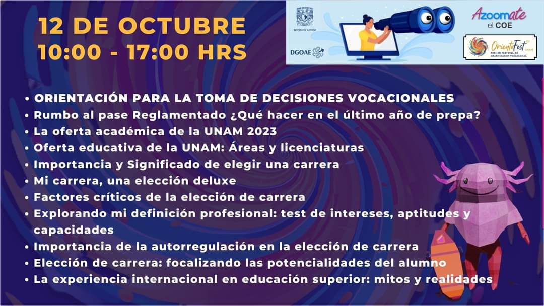 unamorienta's tweet photo. 💥ACTIVIDADES VÍA ZOOM / ORIENTAFEST UNAM 2023💥
#orientafestunam2023

🚨Jueves 12 de octubre, de 10:00 a 17:00 hrs.

✅ Consulta la cartelera e ingresa a los talleres, charlas y asesorías vocacionales en:
https://t.co/kczyVtL483

📱EXPERIENCIA VIRTUAL

#OrientaFest2023 #UNAM https://t.co/hECUuIiXmS