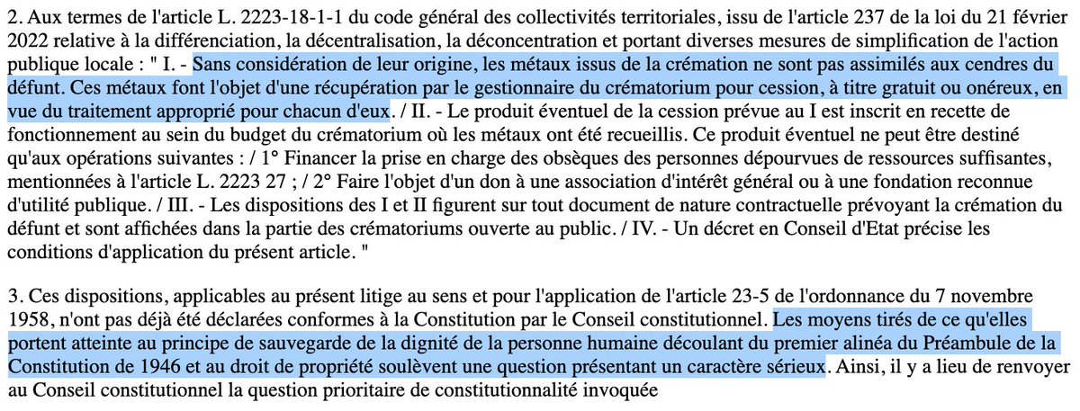 Droit funéraire : Le @Conseil_Etat transmet au @Conseil_constit une #QPC sur l'enjeu (singulier) des métaux issus de la crémation. Autoriser (par une loi de 2022) leur récupération par le crématorium interroge au regard de la dignité & de la propriété. =>bit.ly/48JA2Zn