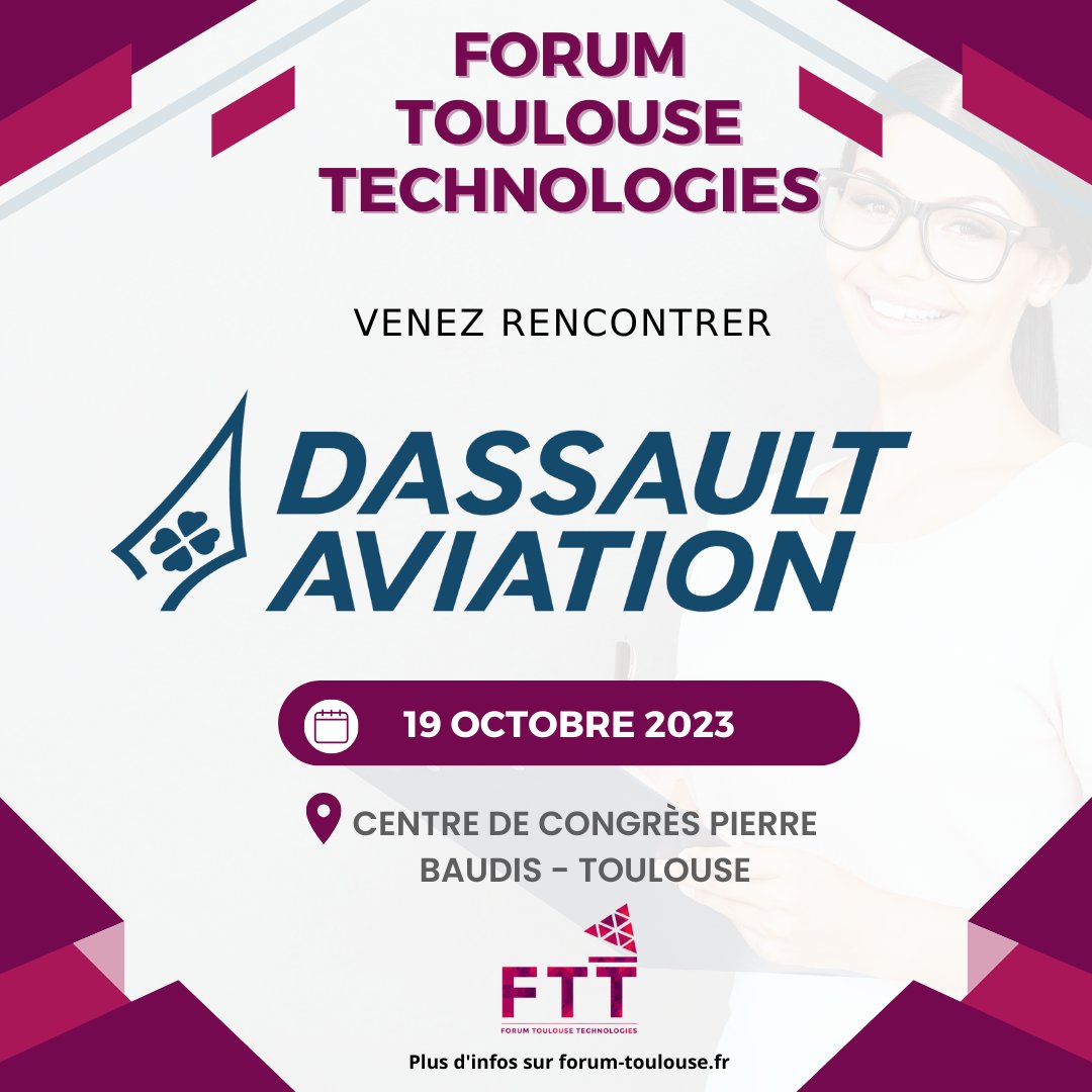 🌟 En quête de stages, d'alternances ou d'emplois passionnants? 🚀

🗓️ Inscrivez-vous dès maintenant au Forum Toulouse Technologies et boostez vos chances avec Dassault-aviation et 60 autres entreprises. 🔥

📍Rejoignez-nous ici 👉 bit.ly/ftt23 💼✨