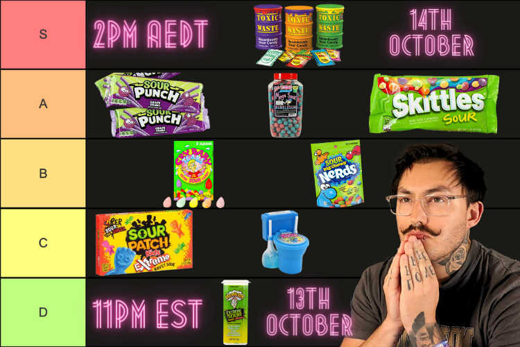 DiscoBics's tweet photo. This time in 24 hours I will be taste testing the WORLDS SOUREST CANDIES!! 
Then tier listing them on my own hand crafted tier list board! 
See you there 🫡

2pm AEDT - 14th October
11pm EST - 13th October 

https://t.co/4NdKY6D75z https://t.co/zCtoDXOfp4