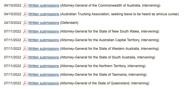 The Federal government backs Vanderstock - arguing the EV tax is unconstititional. Literally every other State and Territory has made submissions backing Victoria, effectively pleading with the court not to strip them of a source of revenues.