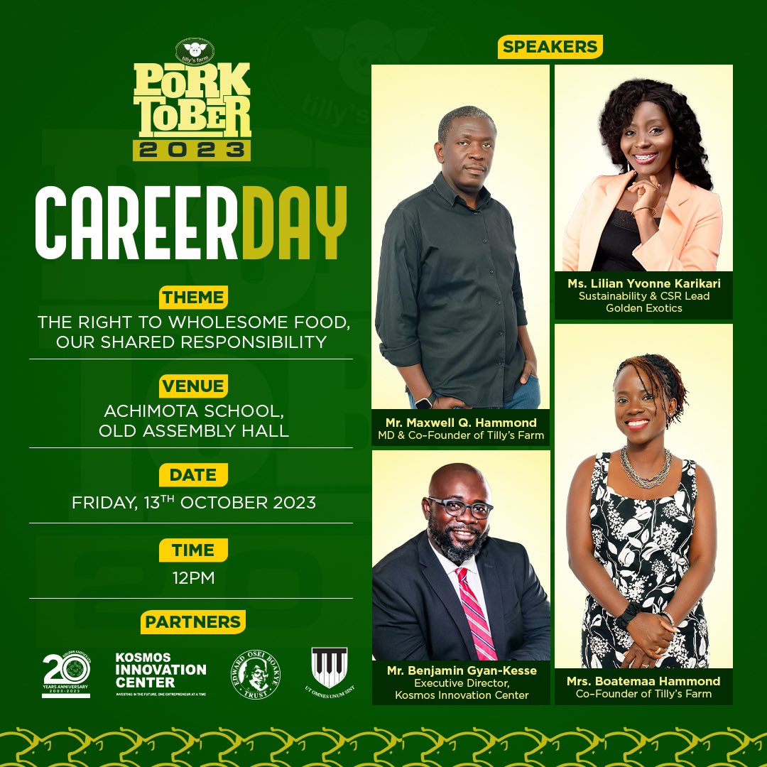 This year’s #Porktober career day for agric science students comes off this Friday at Achimota school. We have speakers from <a href="/kicghana/">Kosmos Innovation Center Ghana</a> and #GoldenExoticsLimited as well as the team from Tilly’s Farm in discussions with students on opportunities within the agricultural value chain