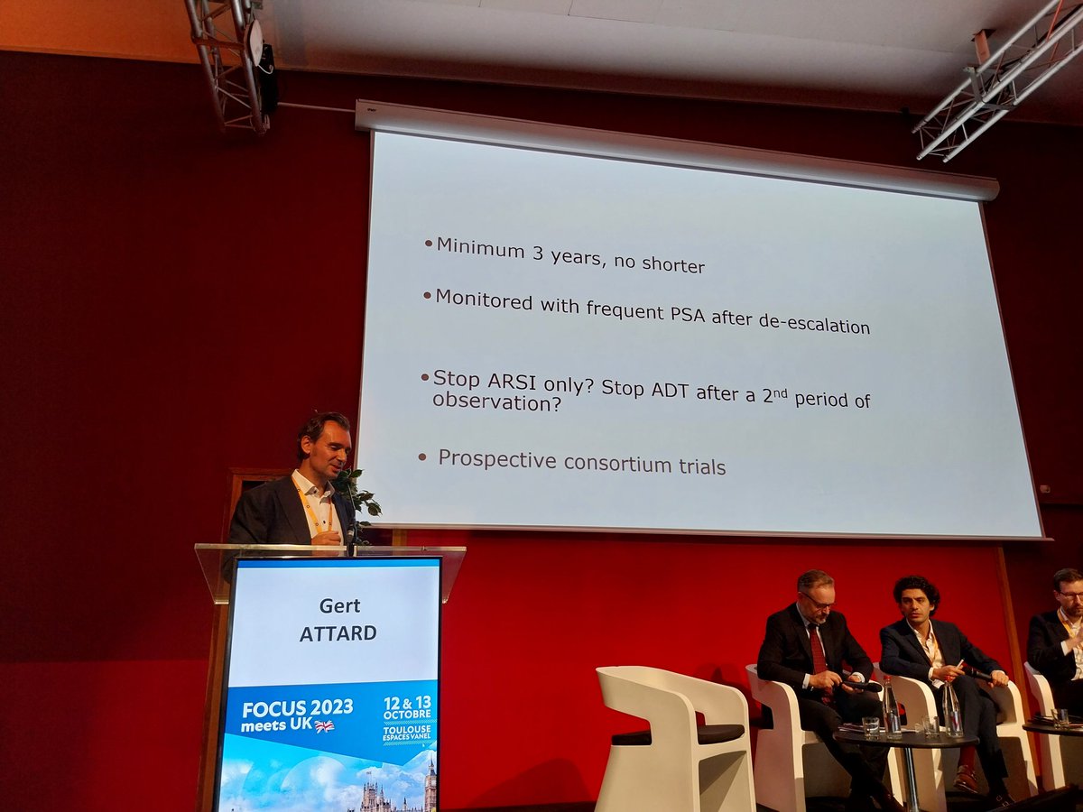 Take home messages for M+ Prostate Cancer de-escalation from Gert Attard @FOCUS_meeting 1. Not before 3 years 2. Taking into consideration PSA 3. First stop ARSI only, then ADT. @MRoupret @achoud72 @jnt_khalifa @GPloussard @jbbeauval @PaulSargos @MRoumiguie