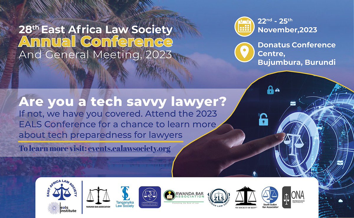ealawsociety's tweet photo. Get ready to embrace the future of law with open arms! Join us at #EALS23 in Bujumbura and discover how technology can empower you to thrive as a tech-savvy legal practitioner. 🌍💼Register Now���👇https://t.co/GKukgqNoPz
@lawsocietykenya
#EmbracingTech #EALS23 https://t.co/TM4bisOEZ3