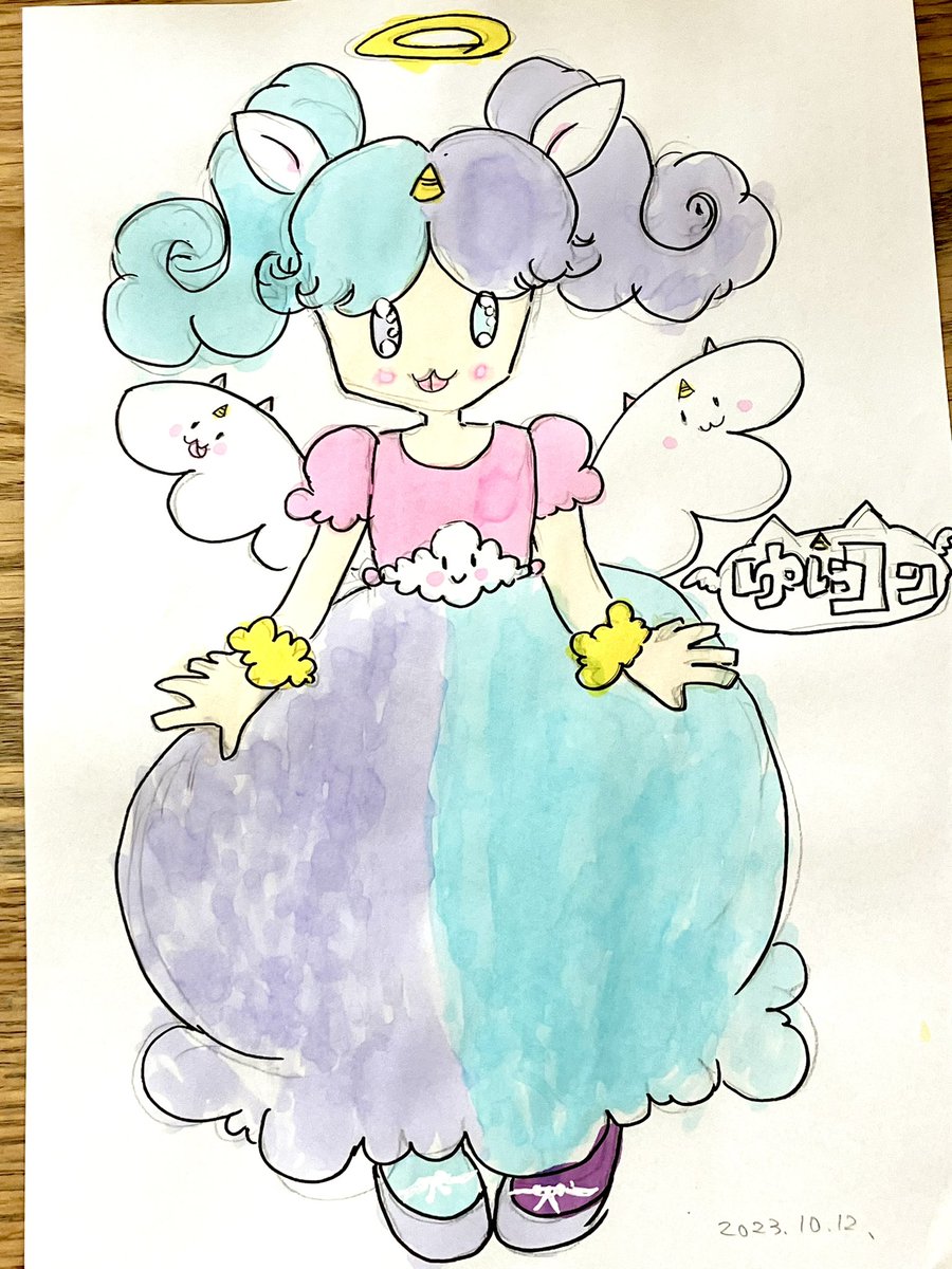 最近娘がオリジナルキャラを描くのにハマってるんだけど、それを私が線画描く→娘が色塗るのにハマってて、これ描いて〜って思いついたのをいっぱい持ってくる。自分にない発想がいっぱいだ。今日はユニコーンちゃんだった