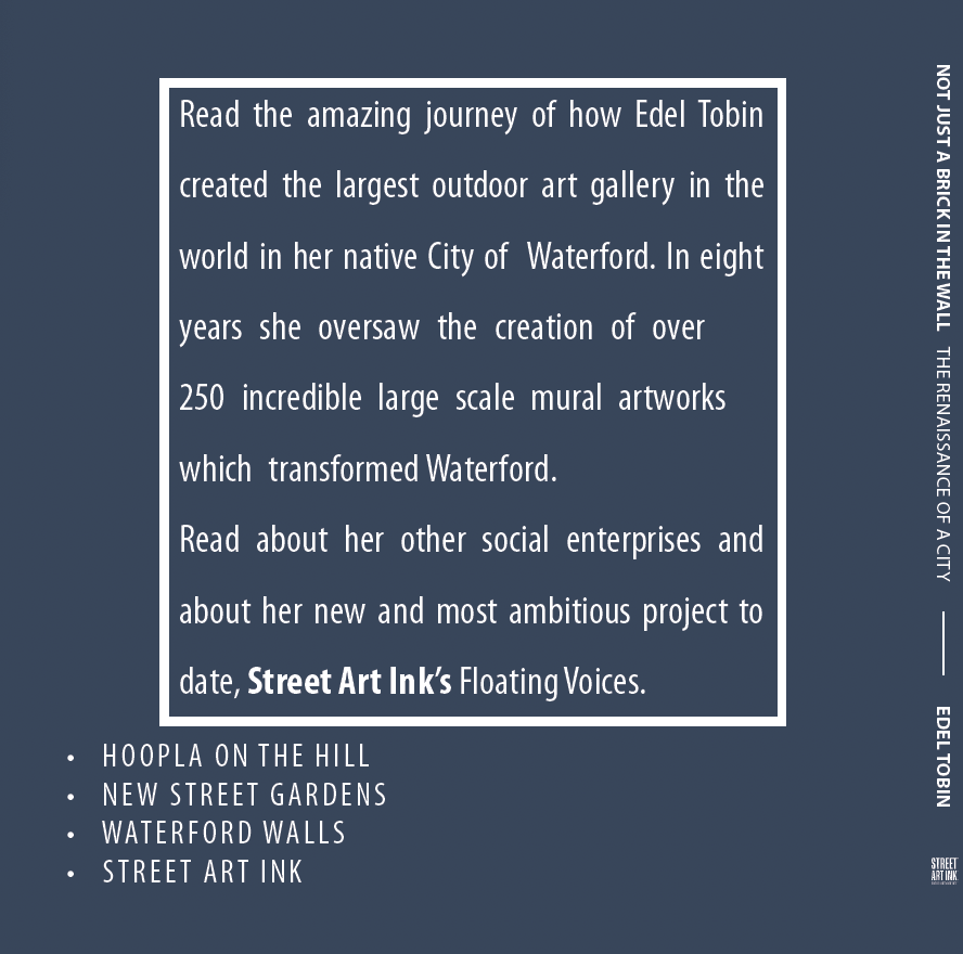 StreetArtInk's tweet photo. "Not Just a Brick in the Wall"- by Edel Tobin-founder and former Artistic Director of Waterford Walls.  
Hear the wonderful positive personal story and inspiration behind these community led projects which transformed Waterford, along with stunning art imagery https://t.co/EtVJOqD8fT