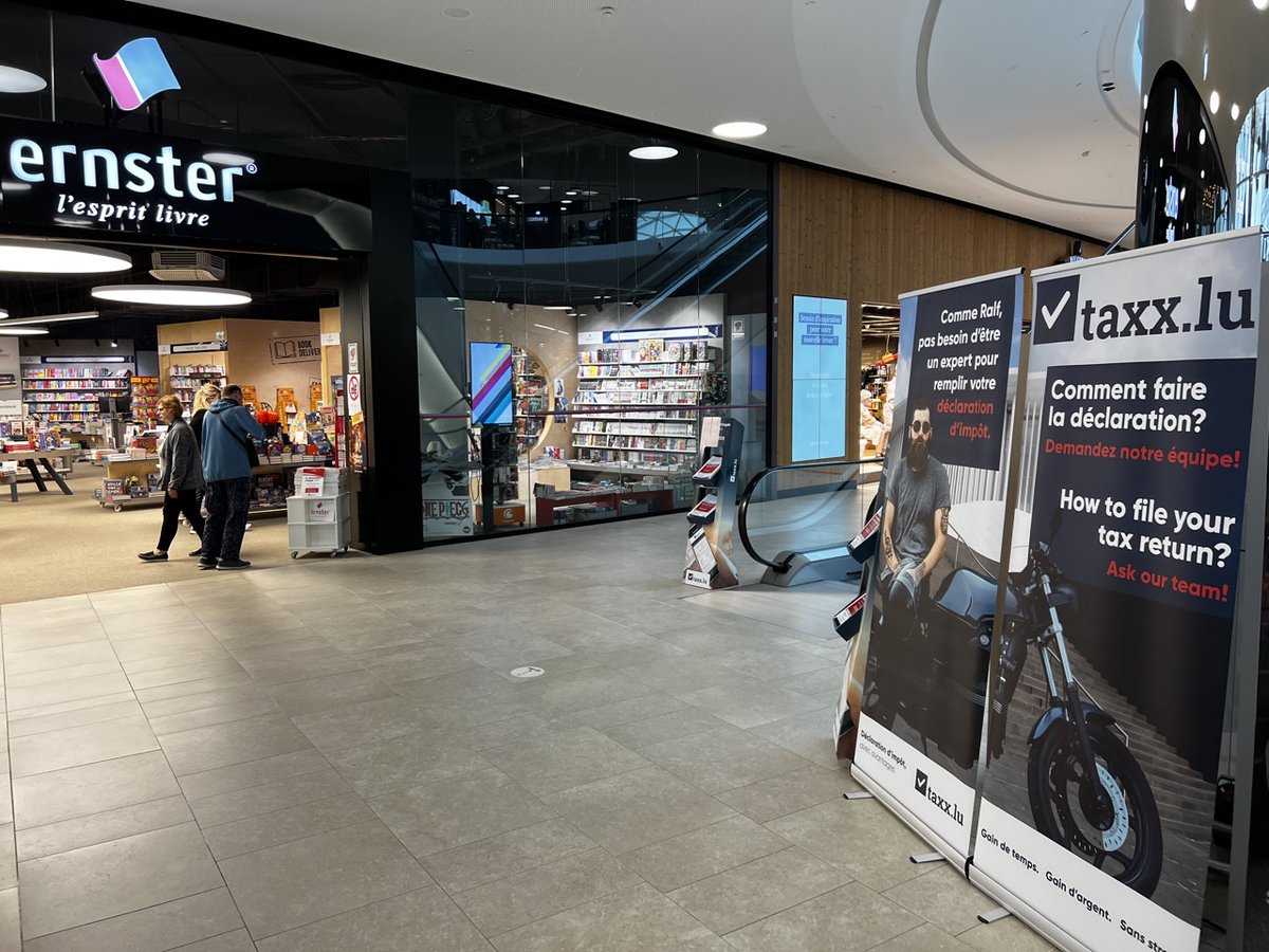 Taxx_lu's tweet photo. Come and visit us today at @Cloche d'or in front of @Librairie Ernster ! 🤩

The https://t.co/NiQEGAmYcL team is here to answer your questions about the Luxembourg tax return! https://t.co/eOengaXoRb