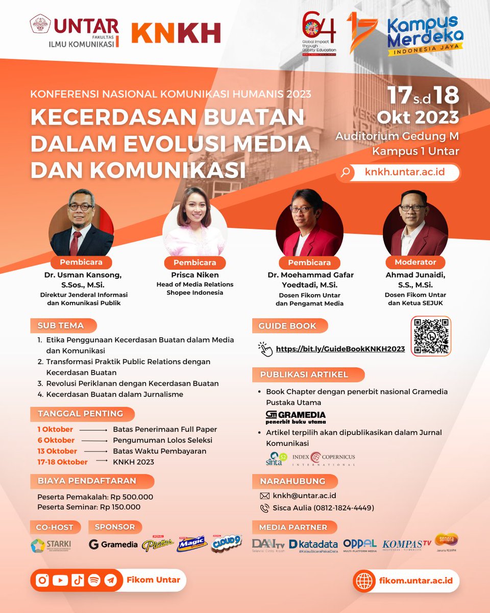 KompasTV's tweet photo. Fikom Untar akan menyelenggarakan Konferensi Nasional Komunikasi Humanis (KNKH) 17-18 Oktober 2023 di Kampus Untar, Jakarta, dengan tema "Kecerdasan Buatan dalam Evolusi Media dan Komunikasi."
Fikom Untar, Bukan Main!
#FikomUntar #Fikom #UntarJakarta #UNTARuntukINDONESIA https://t.co/tmgHdkojl0