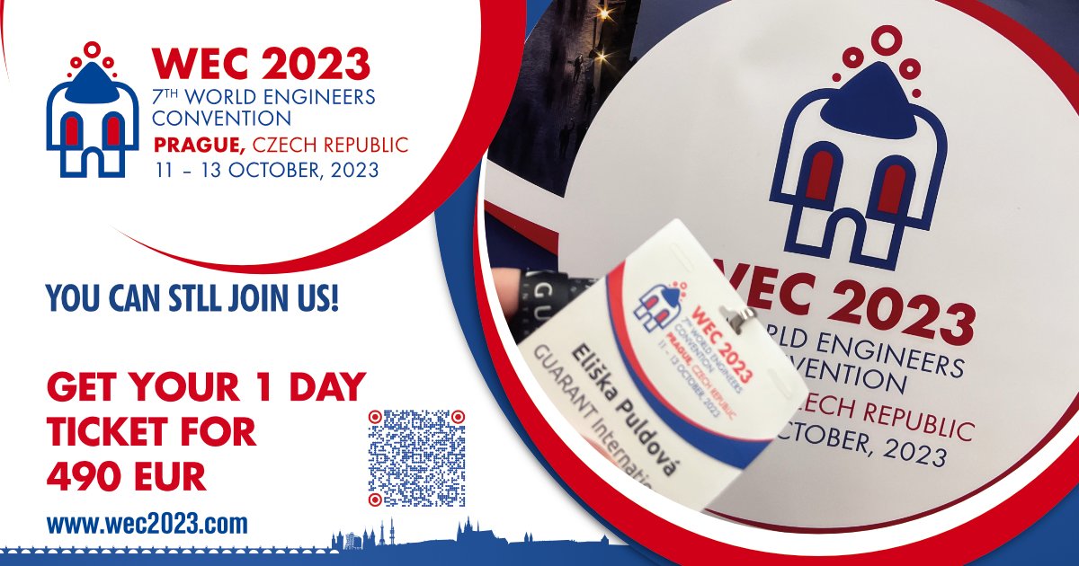 🚀 The second day of #WEC2023 is here! You can still join us. Get your one-day ticket for 490 EUR by scanning the QR code in the banner or come to our registration desk and get in on-site.🎫
#engineers #engineeringcongress #Prague #EngineeringForTheBetterFuture #sustainablegoals