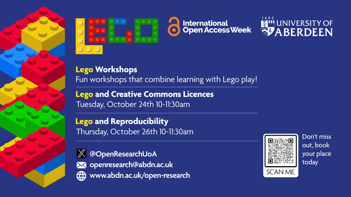 OpenResearchUoA's tweet photo. Is everyone else as excited about #InternationalOpenAccessWeek this month as we are? What if I told you that you can play with LEGO in your work hours? Sign up to our #LEGOworkshops to learn about research reproducibility and Creative Commons through LEGO https://t.co/IssGUBKh2Z https://t.co/M03OOKyZtz