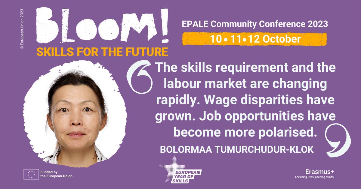 🔴 Live now with @ILO_SKILLS specialist Bolormaa Tumurchudur-Klok! 

Watch the #EPALECommunityConference here on Twitter or on EPALE ▶️ bit.ly/48RzeBI

Share your thoughts with us using #BloomWithEPALE   

#EuropeanYearOfSkills #AdultLearning #AdultEducation