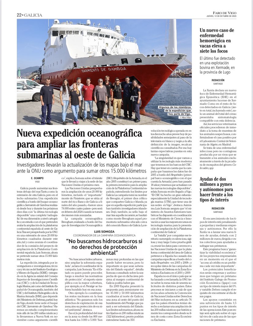 Nuestros compañeros Luis Somoza (jefe científico), Ana Lobato y Wai Long Ng-Cutipa ya trabajan a bordo del Sarmiento de Gamboa para ampliar el territorio de la España submarina junto a colegas del IHM, IEO y UTM-CSIC. Que los vientos y la mar os sean propicios!🌊🌍