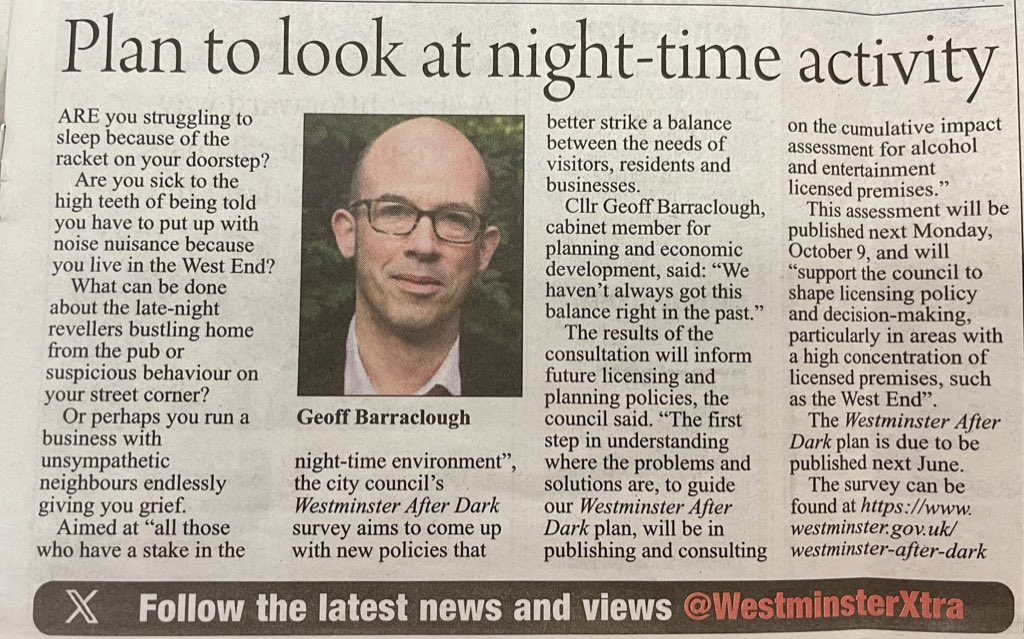 Westminster After Dark Consultation, complete via link below. (Article: @WestminsterXtra + @w9maidavale ) westminster.gov.uk/westminster-af…