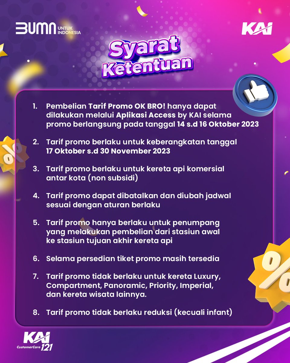 Promo Oktober Banjir Promo 🥳🎉

Siapa yang kemarin nggak kebagian atau nggak sempet datang ke KAI Expo, buat beli tiket promo? Tenang bestie, kali ini Railmin punya program promo lagi nih: Promo Oktober Banjir Promo (OK Bro)!

Promo ini menawarkan tiket murah dengan
