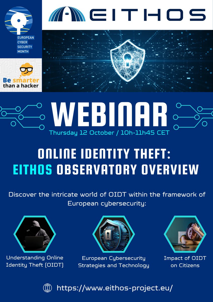 EITHOS_EU's tweet photo. 🚀 Webinar #1 starting in 15min: last chance to get on board 🚀

👉 Join us at https://t.co/vqUPO24wLK.

#CyberSecMonth #YourIDmatters #ReportOIDT #IdentityRecovery https://t.co/oHQdZwiDfk
