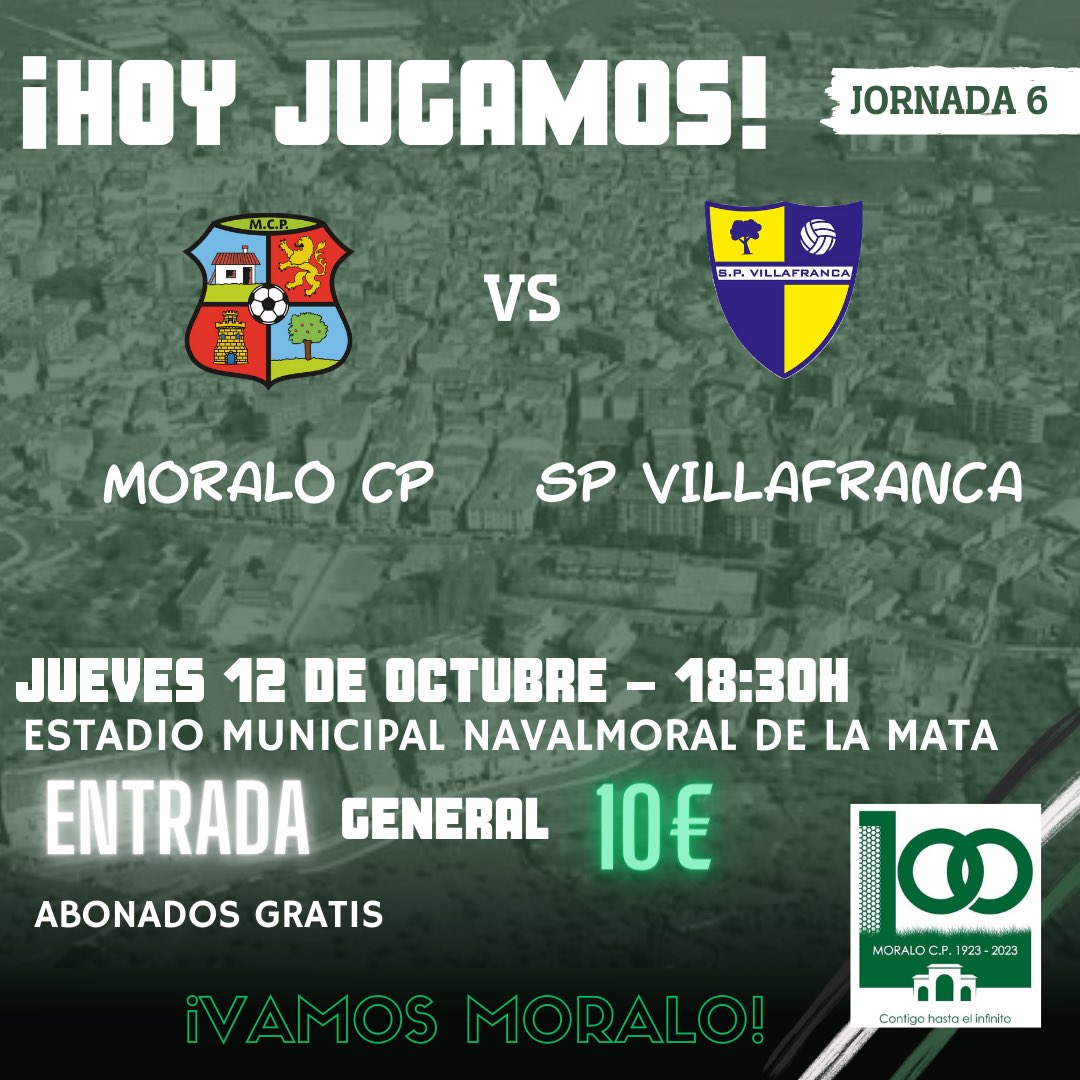 Anímate a apoyar a tu equipo en el día de hoy !!! 

🆚 <a href="/SPV_OFICIAL/">SP VILLAFRANCA (cuenta oficial)</a> 
🏆 Jornada 6
🗓️ 12 Octubre 
⏰ 18:30H
🏟️ Estadio Municipal Navalmoral de la Mata

#halamoralo #contigohastaelinfinito
💚