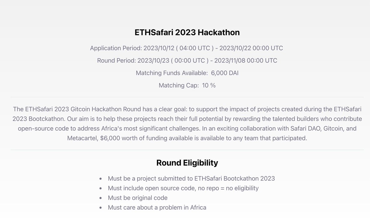 🌍 Exciting news! SafariDAO is breaking new ground with the first-ever hackathon to explore quadratic funding 🚀

Join the round: explorer.gitcoin.co/#/round/10/0xf… 🙌

Must be project submitted to ETHSafari 2023 Hackathon, include open-source original code and address a problem in Africa.