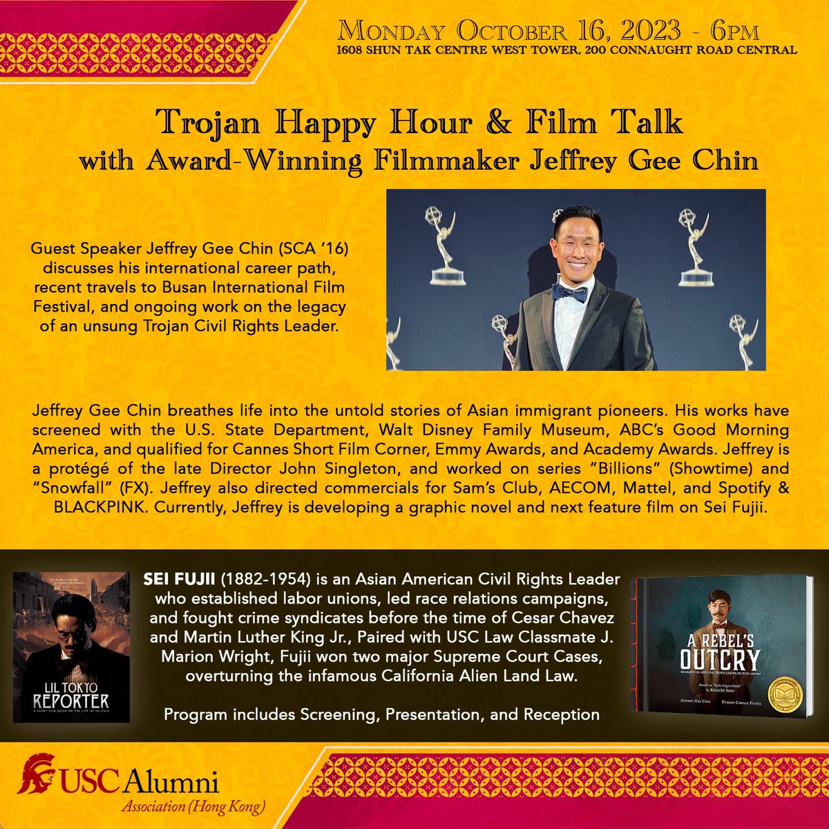 #HongKong Trojans Talk with Award Winning Filmmaker Jeffrey Gee Chin
Monday, Oct.16, 6–9pm 
Unit 1608, #ShuntakCentre West Tower, Sheung Wan 🔗docs.google.com/forms/d/e/1FAI… #LilTokyoReporter #SeiFujii
