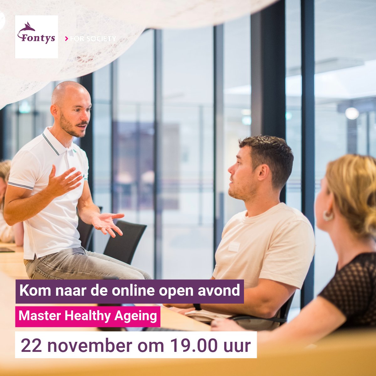 OPEN AVOND <a href="/Fontys/">Fontys</a>
In november is de volgende online open avond. Hier maak je o.a. kennis met de master Healthy Ageing. Kenny vertelt je graag meer.

🗓 22 november a.s.
🕐 19.00-20.00 uur
📍 Online

Vragen en/of aanmelden? Check de Master Healthy Ageing fontys.nl/Professionals-…