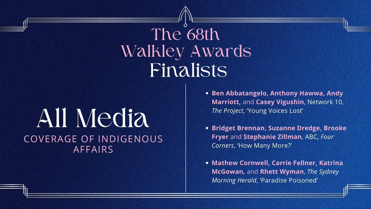 Walkley Foundation (@walkleys) on Twitter photo Finalists for Coverage of Indigenous Affairs are: <a href="/BenAbbatangelo/">Ben Abbatangelo</a>, Anthony Hawwa, Andy Marriott, Casey Vigushin, <a href="/Channel10AU/">Channel 10</a>, <a href="/theprojecttv/">The Project</a>. #walkleys Finalists for Coverage of Indigenous Affairs are: <a href="/BenAbbatangelo/">Ben Abbatangelo</a>, Anthony Hawwa, Andy Marriott, Casey Vigushin, <a href="/Channel10AU/">Channel 10</a>, <a href="/theprojecttv/">The Project</a>. #walkleys